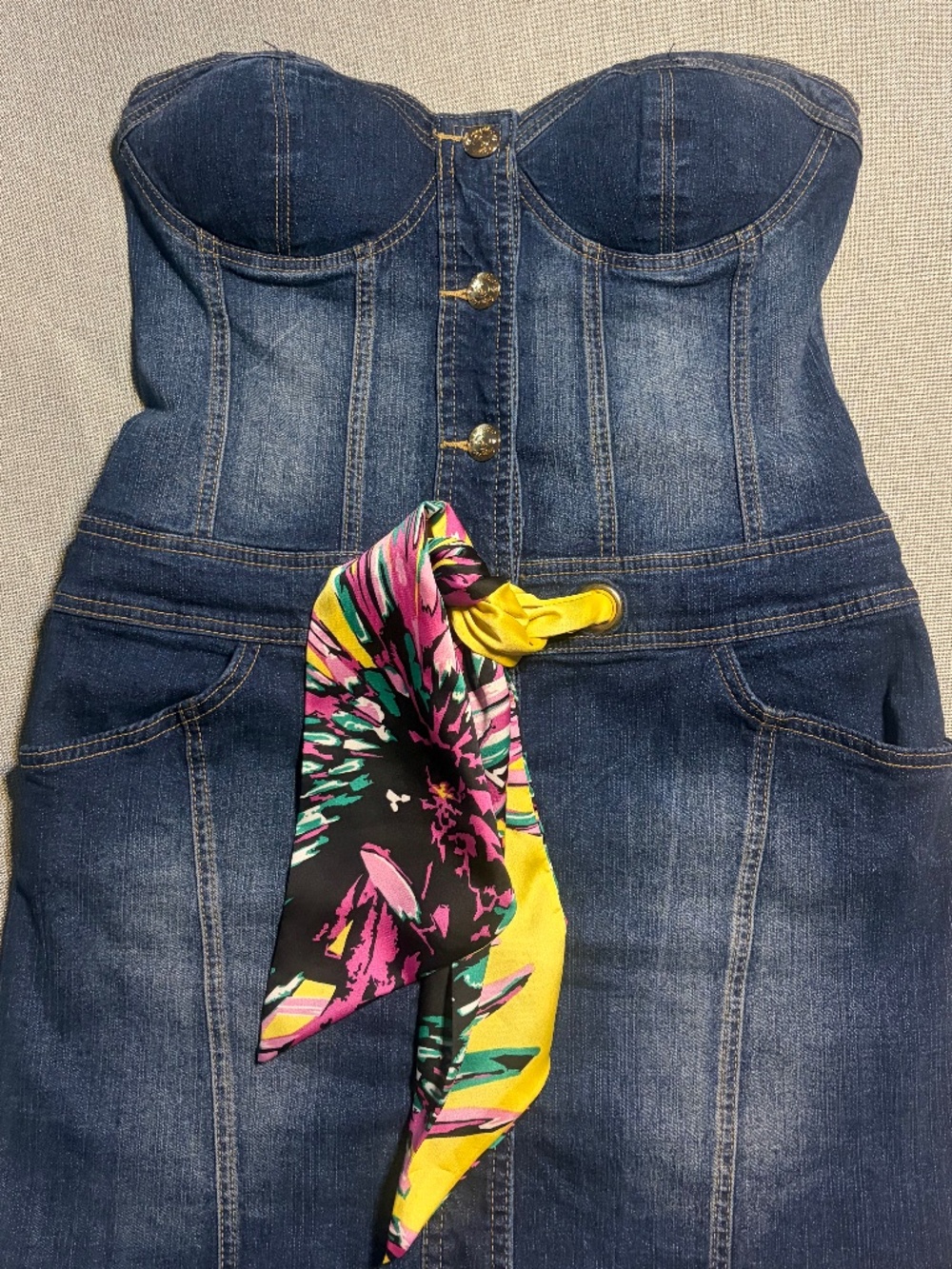 Baby Phat VTG Y2K Jean Denim Stretch Yellow Satin Belt Strapless Mini Club Dress
